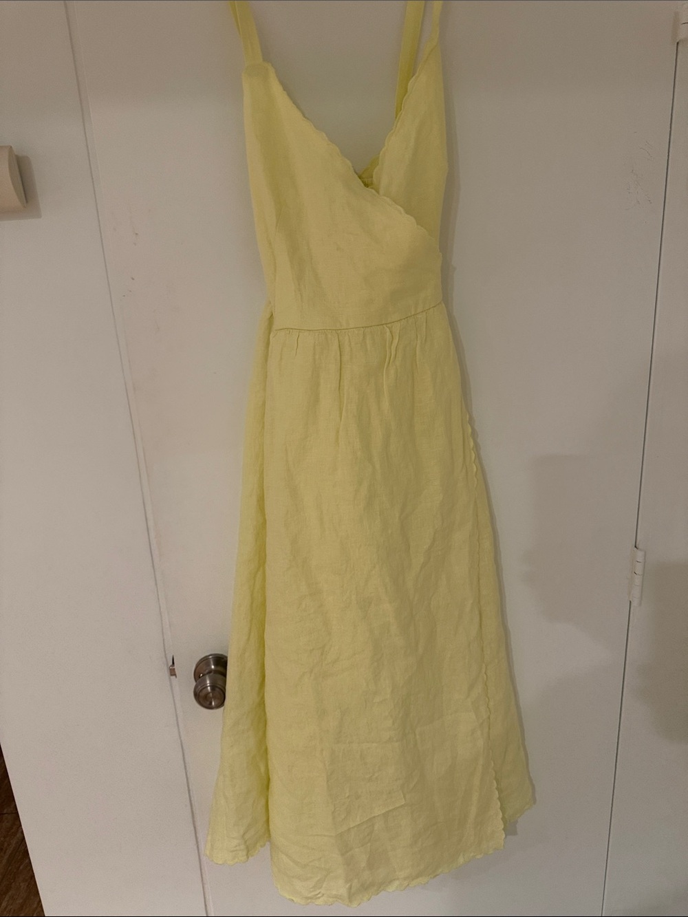 J. Crew Pale Yellow Linenl lined  Midi Wrap Dress with Spaghetti Straps